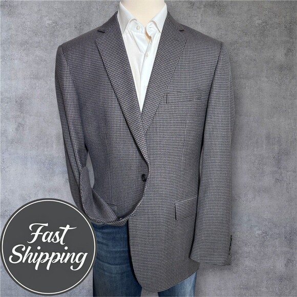 JOSEPH&FEISS Mens Blazer Sport Coat 2-Button Jacket 46L WOOL Check/Plaid Gray - Picture 1 of 13